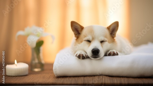 Cute welsh corgi dog lying on a pillow with a candle