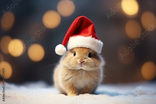 Christmas cute funny baby hamster in red Santa hat