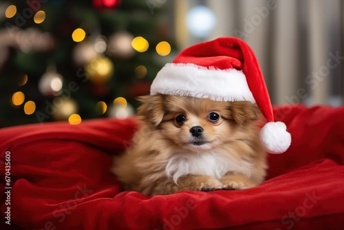 Christmas baby puppy dog in red Santa hat