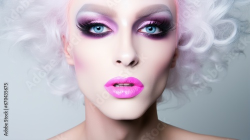 Fashion portrait of beautiful woman with pink lips and white hair.