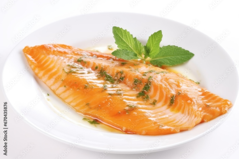 orange glazed fish fillet on a white plate orange glazed fish fillet on a white plate