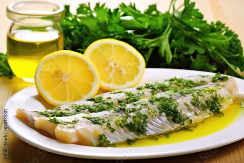 fresh herbs surrounding lemon glazed fish fillet