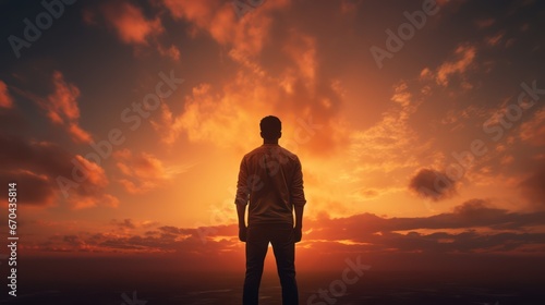Man standing in the middle of a stormy sky, 3d render © Alex