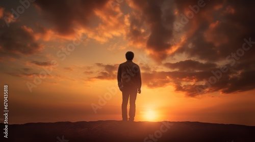 Conceptual business man standing on top of a hill at sunset background