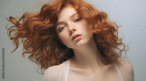 Portrait of a beautiful red-haired girl with long curly hair.