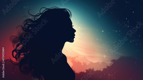 Silhouette of a beautiful woman with long hair against the background of the night sky.