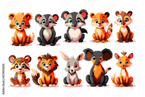 Colorful set of little cartoon animals characters clipart bundle. Baby animals icons set isolated on white background. Cartoon character design. Color vector illustration of wild animal world.