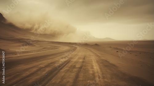 Dramatic desert landscape with road in the Sahara desert, Morocco