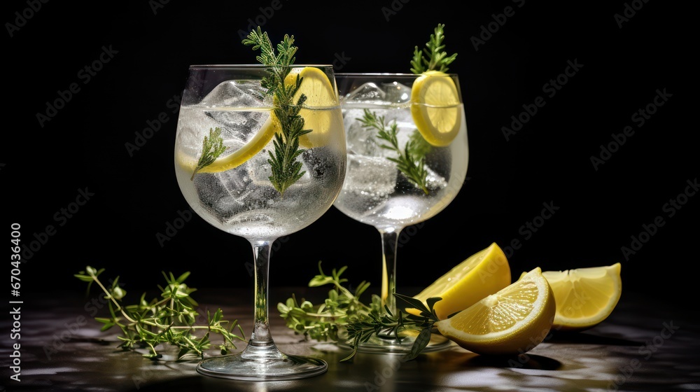 Two glasses of gin tonic cocktail with lemon and thyme on black background