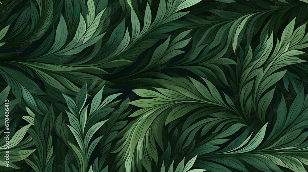 Overlapping fern fronds in seamless rhythmic pattern