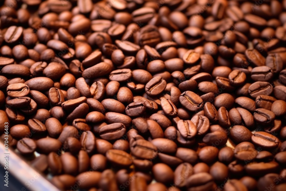 Fototapeta premium detailed texture of roasted coffee beans in a tray