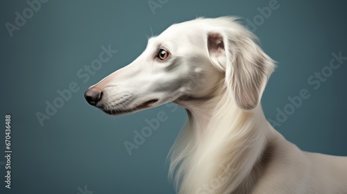 Portrait of a white borzoi dog on gray background
