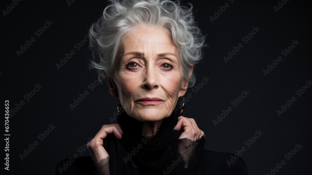 Portrait of an elderly woman on a black background. Beauty, fashion.