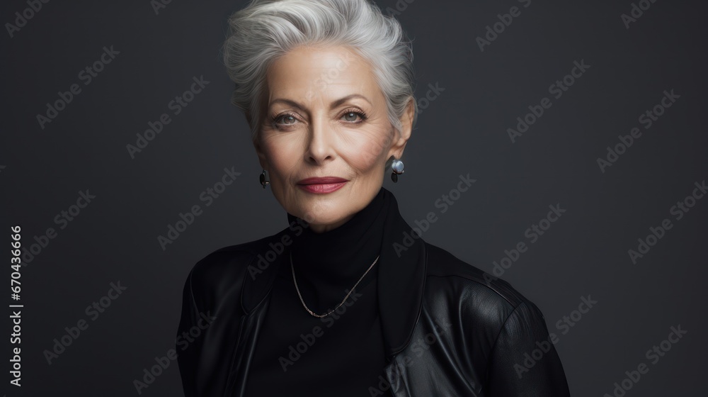 Elegant senior woman in black leather jacket. Studio shot.