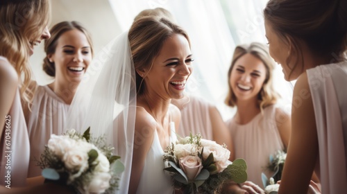 Beautiful bride with bridesmaids at wedding party. Beautiful girl in white dress