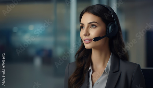 Young friendly operator woman agent with headsets working in a call centre. Copy space.