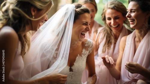 Happy bride and her bridesmaids laughing and dancing together. photo