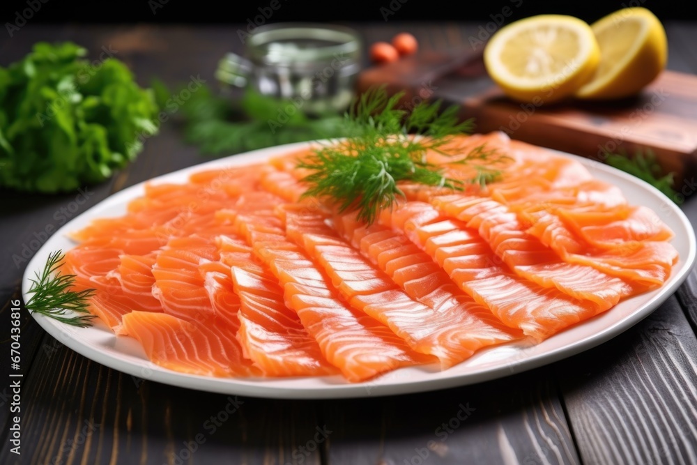 cold smoked salmon with fresh herbs on ceramic plate cold smoked salmon with fresh herbs on ceramic plate