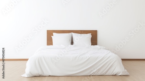 Modern bedroom interior with white pillows and wooden bed. 3d render