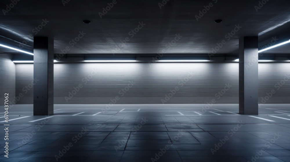3d rendering of an empty underground parking lot with lights and reflections