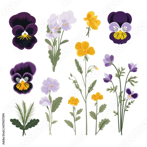 Set of pansy flowers. illustration isolated on white background.