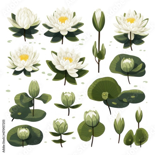 Set of white water lilies with green leaves. illustration.