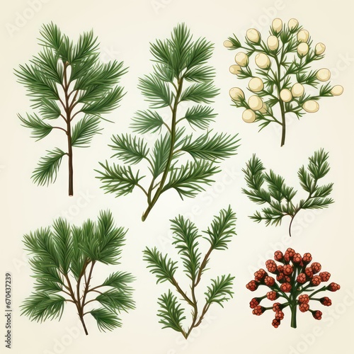 Set of pine branches and cones. illustration on white background.
