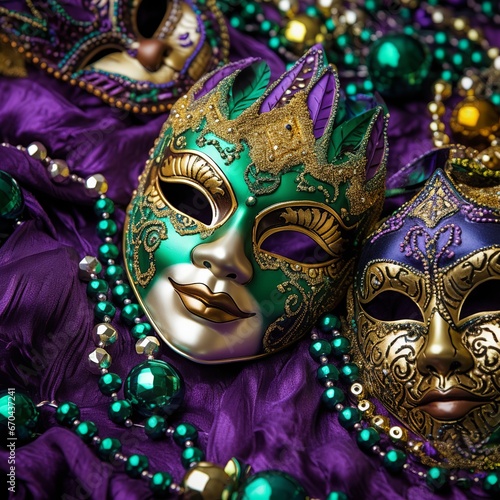 illustration of Purple Gold and Green Mardi Gras beads and masks, Generative ai © rajesh