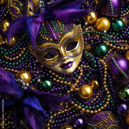 illustration of Purple Gold and Green Mardi Gras beads and masks, Generative ai