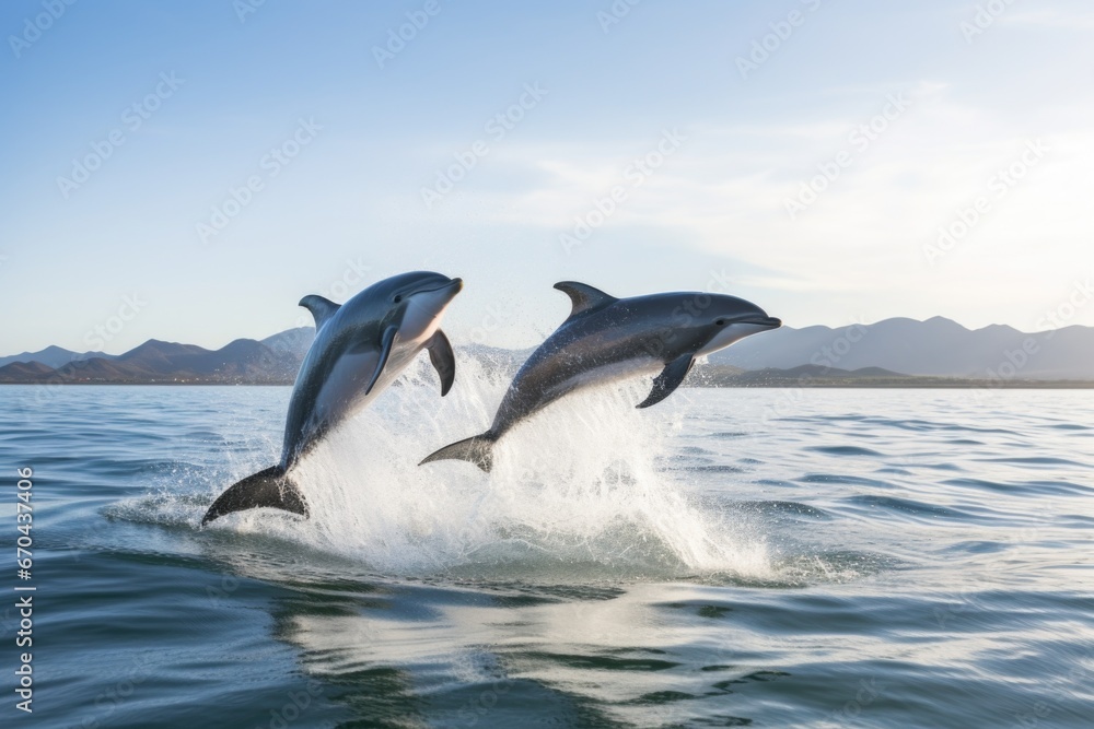 Fototapeta premium dolphins jumping above water together