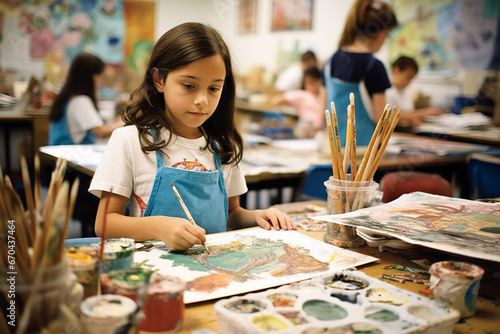 Children in an elementary school art class are expressing themselves freely through bright colors and shapes