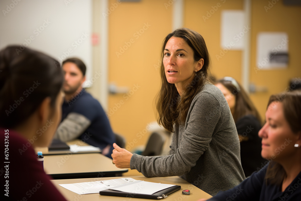 A parent and teacher are sitting across a desk during a serious discussion about a student’s academic performance - obrazy, fototapety, plakaty 