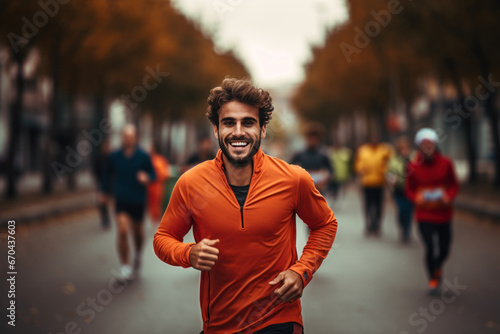 Young beautiful caucasian man jogging workout training. Autumn running fitness male in city urban park environment with fall trees orange. Trail running, marathon, triathlon running, outdoor nature.