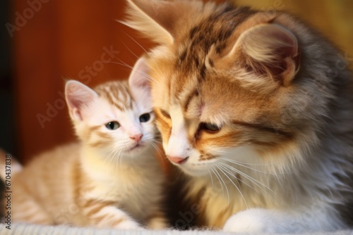an adult cat grooming a kitten