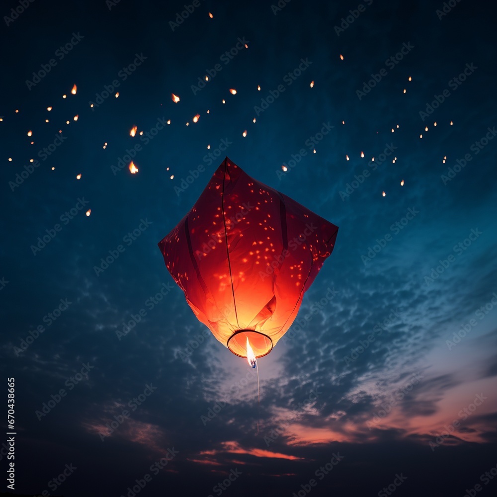 Fototapeta premium illustration of Red sky lantern flying against a blue sky with the, Generative ai
