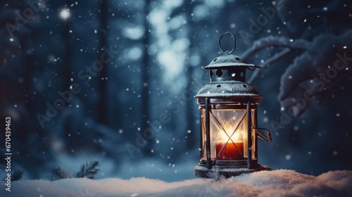 Christmas lantern with candle and snow generated by AI tool 