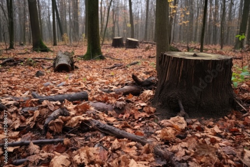 stumps and fallen leaves in a forest after clearing