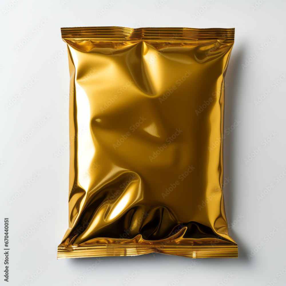 Empty gold metallic pouch mockup, packet, white background Empty gold metallic pouch mockup, packet, white background