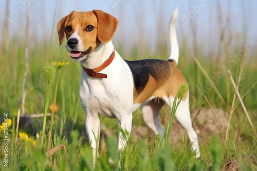 a beagle following commands to sit
