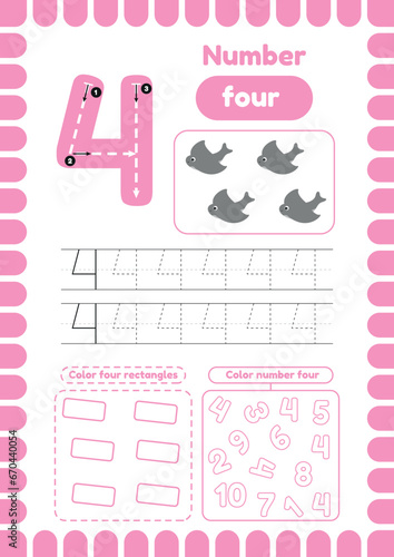 Learn number four. Activity page for preschool kids education. Color objects. Handwriting practice . Tracing page