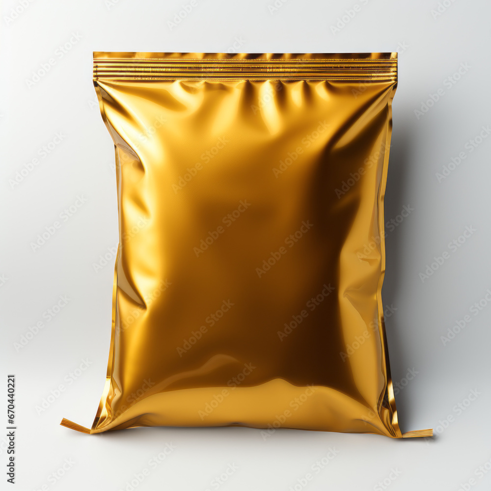 Empty gold metallic pouch mockup, packet, white background 