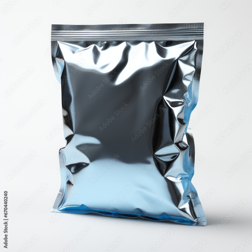 Empty metallic pouch mockup, packet, white background 