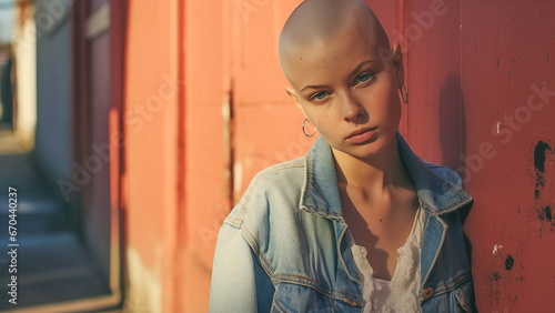 Shaven head fasion model in blue denim jacket and white top against orange background photo