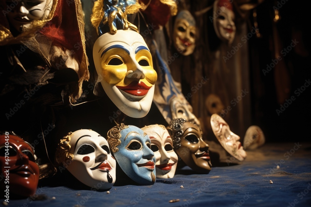 close-up of theater props and masks - obrazy, fototapety, plakaty 
