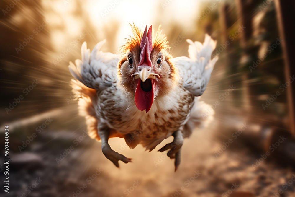 Chicken running i the wild on a sunny day, motion blurred, high speed, egg chicken, hunted chicken - obrazy, fototapety, plakaty 