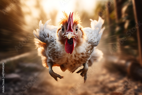 Fototapete Chicken running i the wild on a sunny day, motion blurred, high speed, egg chick