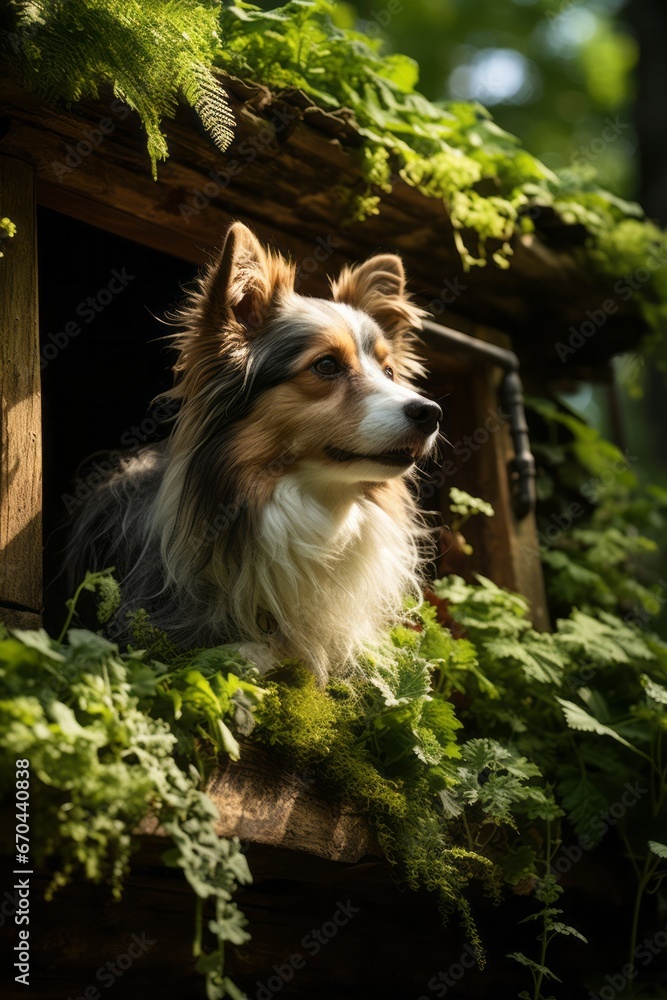 Dog house with a green living roof blending into nature, Generative AI