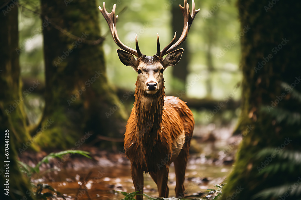 Naklejka premium Deer in the woods standing and looking into the picture