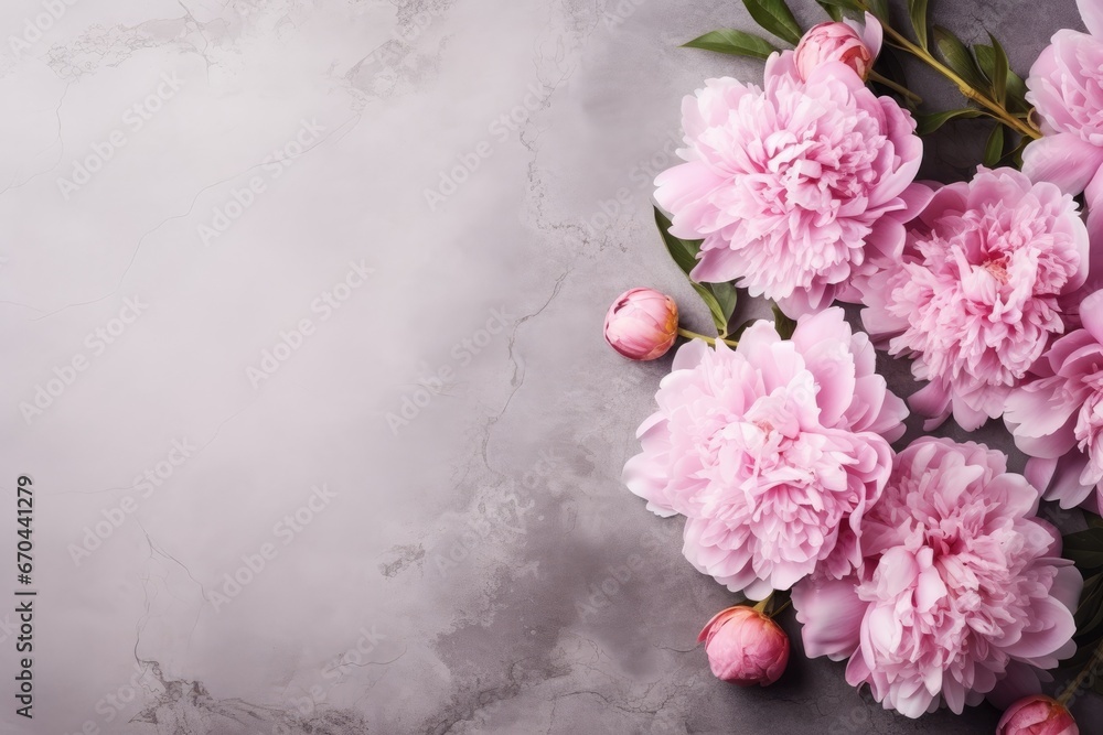 beautiful pink peonies roses on grey background - obrazy, fototapety, plakaty 