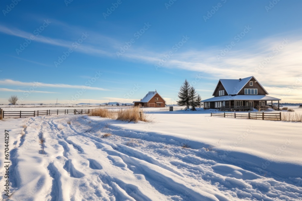 farmland scenario, farmhouse and barn in snowy landscape